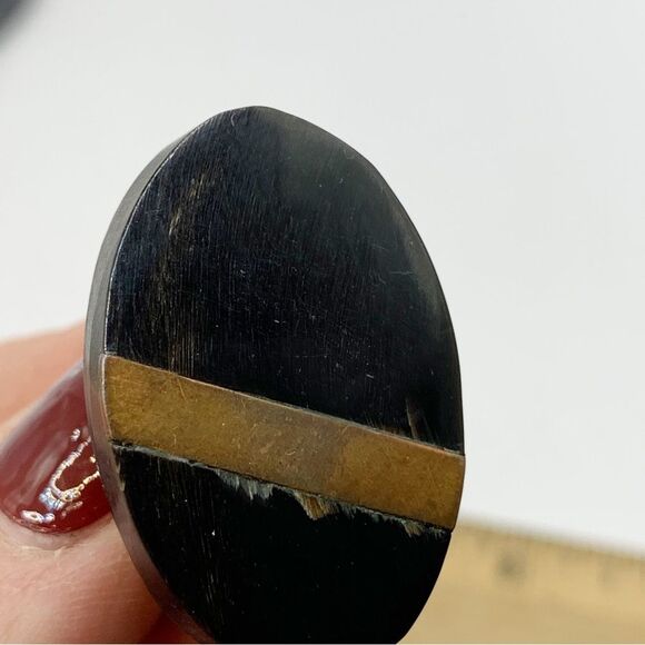 Vintage black bone and brass inlay stripe chunky oval stud earrings - Picture 10 of 13